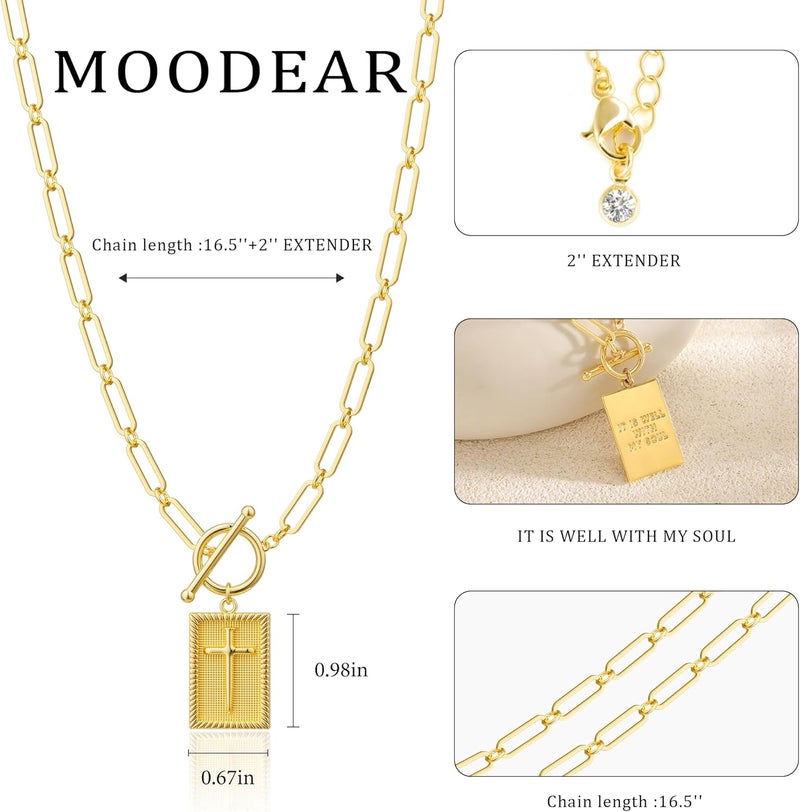 Moodear Cross Necklace for Women Trendy Chunky 14K Gold Plated/Silver Plated Cross Pendant Necklace Toggle Clasp Paperclip Chain Dainty Charm Necklace Fashion Religious Simple Jewelry Christian Gifts for Women - Image 5
